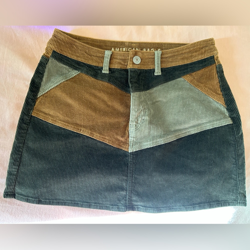 AMERICAN EAGLE Hi-Rise A-line Skirt Corduroy Autumnal Colour Block 10 long NWT